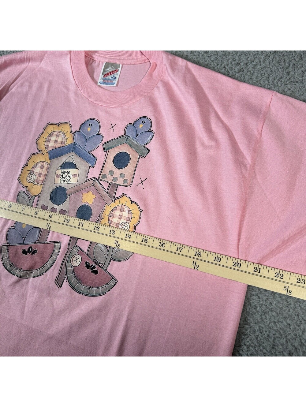 90s Vintage Jerzees Home Sweet Bird House Pink Graphic Shirt Large USA Flowers - Picture 4 of 6